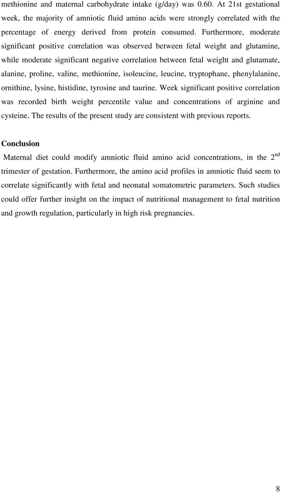 Furthermore, moderate significant positive correlation was observed between fetal weight and glutamine, while moderate significant negative correlation between fetal weight and glutamate, alanine,