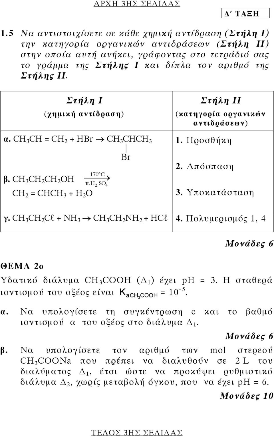 της Στήλης ΙΙ. Στήλη Ι (χηµική αντίδραση) α. CH 3 CH = CH 2 + HBr CH 3 CHCH 3 Br β. CH 3 CH 2 CH 2 OH CH 2 = CHCH 3 + H 2 O 170 C π.h 2 SO 4 γ.