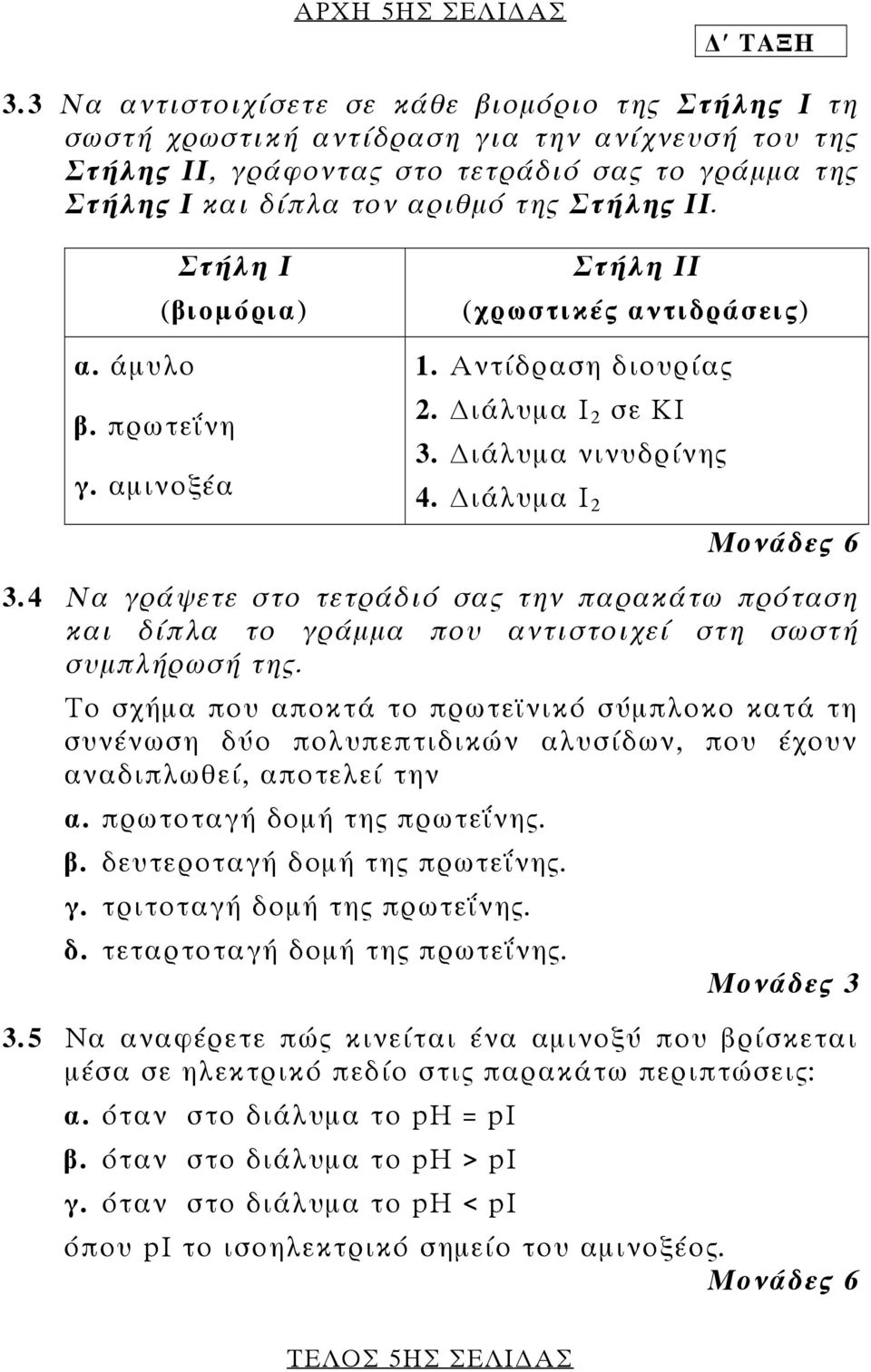 Στήλη Ι (βιοµόρια) α. άµυλο β. πρωτεΐνη γ. αµινοξέα Στήλη ΙΙ (χρωστικές αντιδράσεις) 1. Αντίδραση διουρίας 2. ιάλυµα Ι 2 σε KI 3. ιάλυµα νινυδρίνης 4. ιάλυµα Ι 2 3.