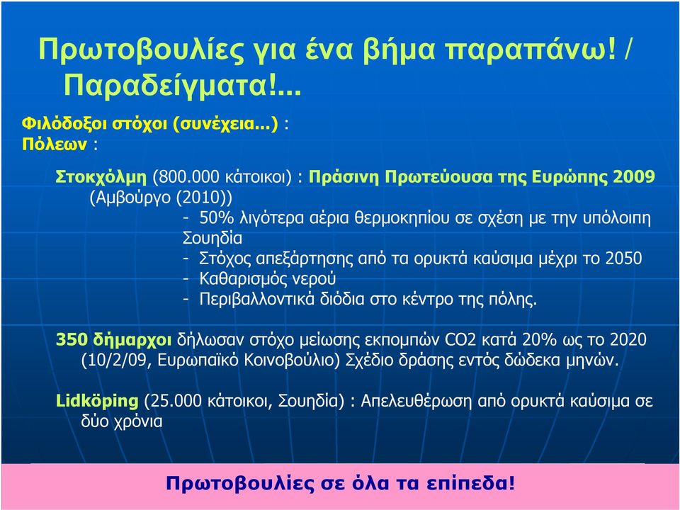 απεξάρτησης από τα ορυκτά καύσιµα µέχρι το 2050 - Καθαρισµός νερού - Περιβαλλοντικά διόδια στο κέντρο της πόλης.