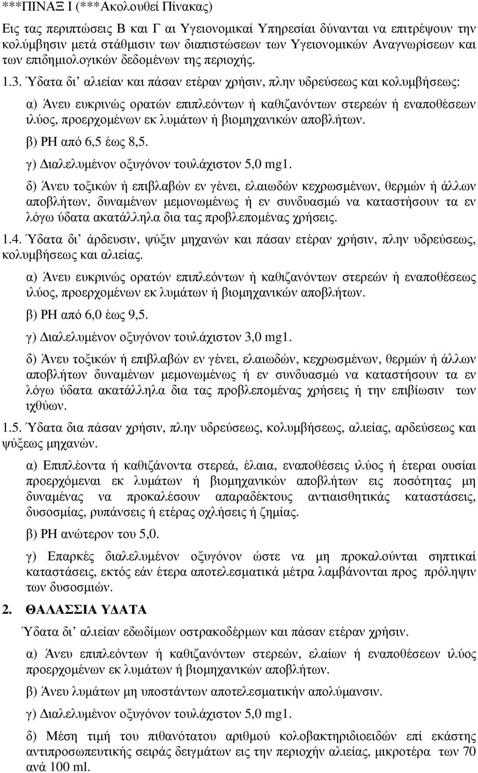 Ύδατα δι αλιείαν και πάσαν ετέραν χρήσιν, πλην υδρεύσεως και κολυµβήσεως: α) Άνευ ευκρινώς ορατών επιπλεόντων ή καθιζανόντων στερεών ή εναποθέσεων ιλύος, προερχοµένων εκ λυµάτων ή βιοµηχανικών
