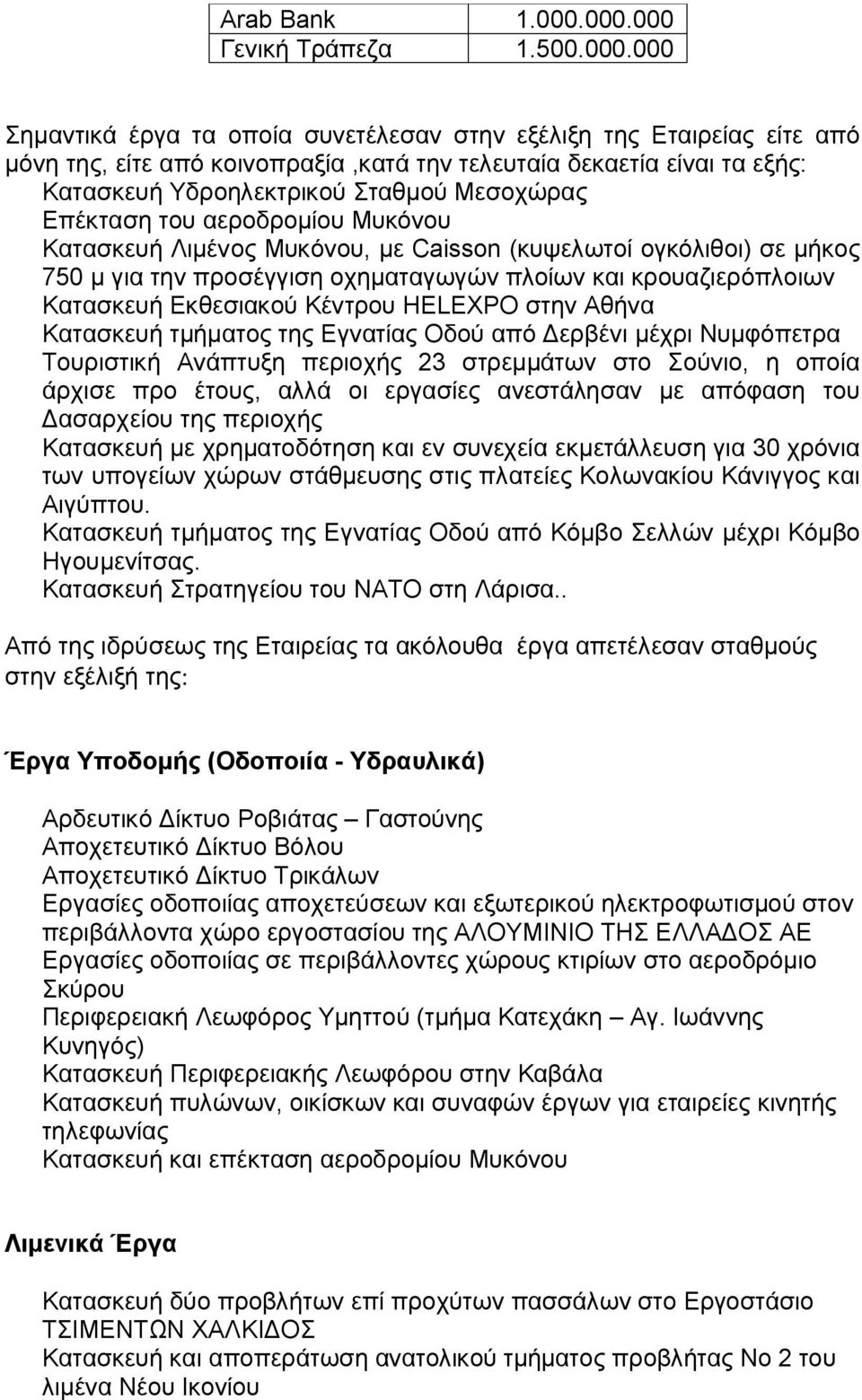 Υδροηλεκτρικού Σταθμού Μεσοχώρας Επέκταση του αεροδρομίου Μυκόνου Κατασκευή Λιμένος Μυκόνου, με Caisson (κυψελωτοί ογκόλιθοι) σε μήκος 750 μ για την προσέγγιση οχηματαγωγών πλοίων και