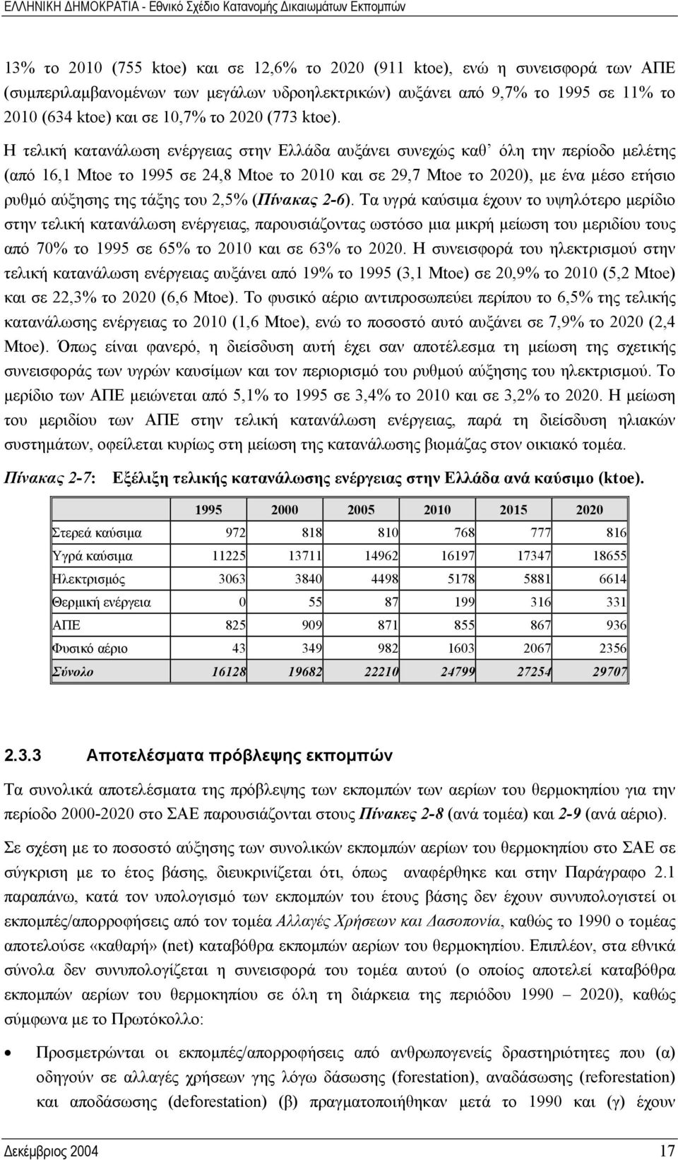 Η τελική κατανάλωση ενέργειας στην Ελλάδα αυξάνει συνεχώς καθ όλη την περίοδο µελέτης (από 16,1 Μtoe το 1995 σε 24,8 Μtoe το 2010 και σε 29,7 Mtoe το 2020), µε ένα µέσο ετήσιο ρυθµό αύξησης της τάξης