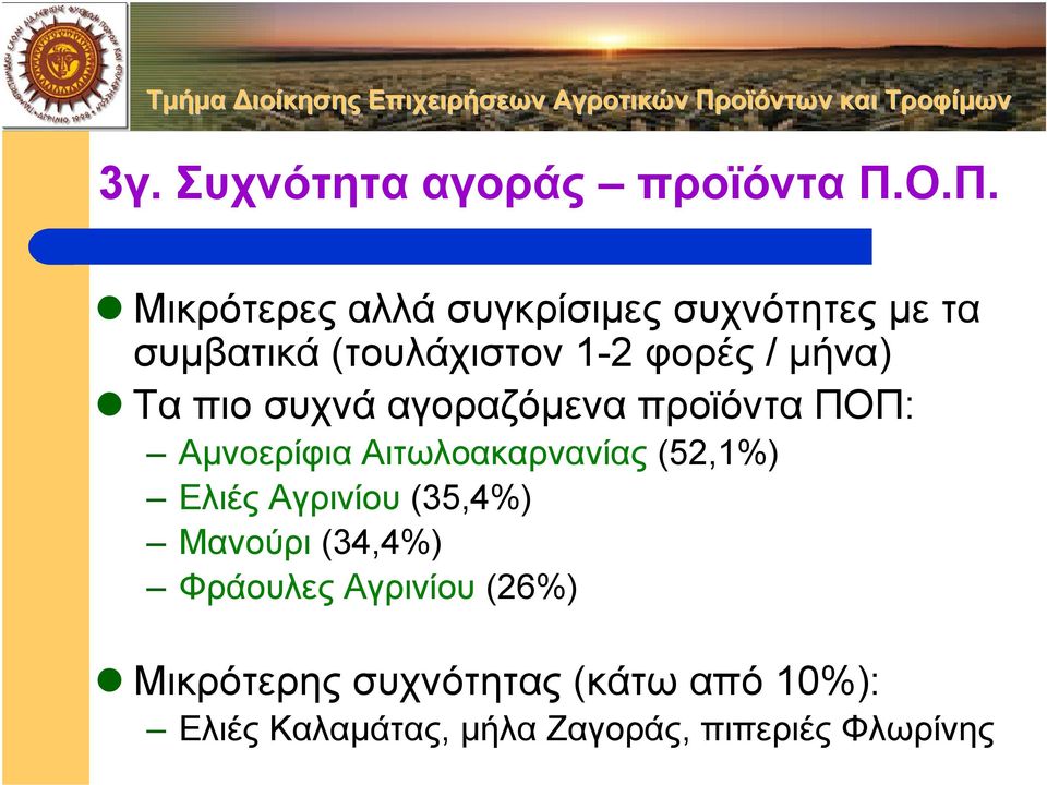 µήνα) Τα πιο συχνά αγοραζόµεναπροϊόνταποπ: Αµνοερίφια Αιτωλοακαρνανίας (52,1%) Ελιές