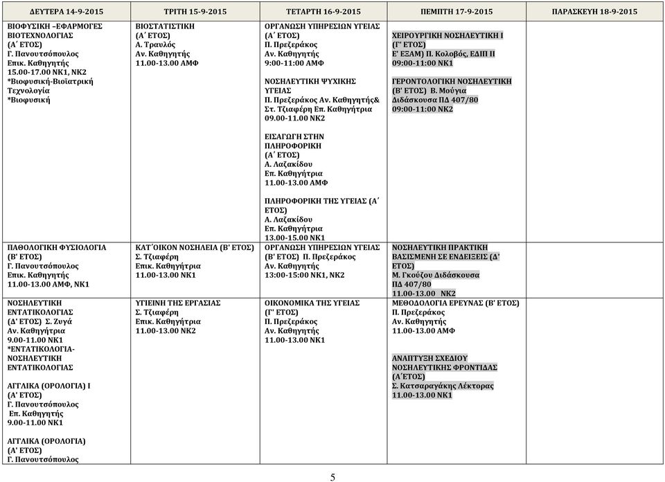 Μούγια Διδάσκουσα ΠΔ 09:00 11:00 ΝΚ2 ΕΙΣΑΓΩΓΗ ΣΤΗΝ ΠΛΗΡΟΦΟΡΙΚΗ Επ. Καθηγήτρια ΠΑΘΟΛΟΓΙΚΗ ΦΥΣΙΟΛΟΓΙΑ (Β', ΝΚ1 ΕΝΤΑΤΙΚΟΛΟΓΙΑΣ (Δ' Σ. Ζυγά 9.00 11.00 ΝΚ1 *ΕΝΤΑΤΙΚΟΛΟΓΙΑ ΕΝΤΑΤΙΚΟΛΟΓΙΑΣ ΑΓΓΛΙΚΑ (ΟΡΟΛΟΓΙΑ) Ι (Α' Επ.