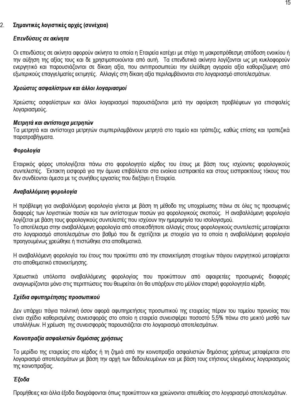 Τα επενδυτικά ακίνητα λογίζονται ως µη κυκλοφορούν ενεργητικό και παρουσιάζονται σε δίκαιη αξία, που αντιπροσωπεύει την ελεύθερη αγοραία αξία καθοριζόµενη από εξωτερικούς επαγγελµατίες εκτιµητές.