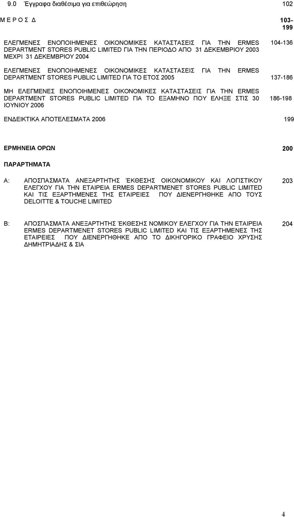 DEPARTMENT STORES PUBLIC LIMITED ΓΙΑ ΤO ΕΞΑΜΗΝΟ ΠΟΥ ΕΛΗΞΕ ΣΤΙΣ 30 ΙΟΥΝΙΟΥ 2006 ΕΝ EΙΚΤΙΚΑ ΑΠΟΤΕΛΕΣΜΑΤΑ 2006 104-136 137-186 186-198 199 ΕΡΜΗΝΕΙΑ ΟΡΩΝ 200 ΠΑΡΑΡΤΗΜΑΤΑ Α: ΑΠΟΣΠΑΣΜΑΤΑ ΑΝΕΞΑΡΤΗΤΗΣ