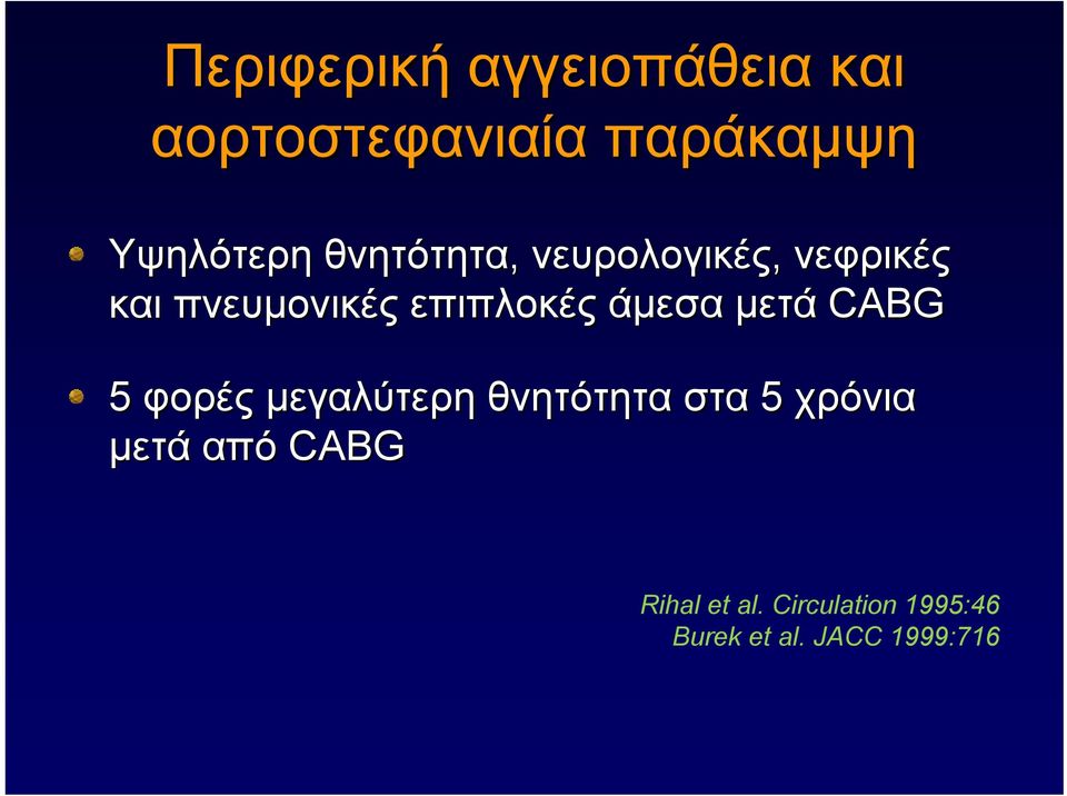 άμεσα μετά CABG 5 φορές μεγαλύτερη θνητότητα στα 5 χρόνια μετά