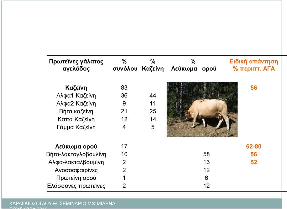 ΑΓΑ Καζεϊνη 83 56 Aλφα1 Καζείνη 36 44 Aλφα2 Καζείνη 9 11 Βήτα καζείνη 21 25 Kαπα