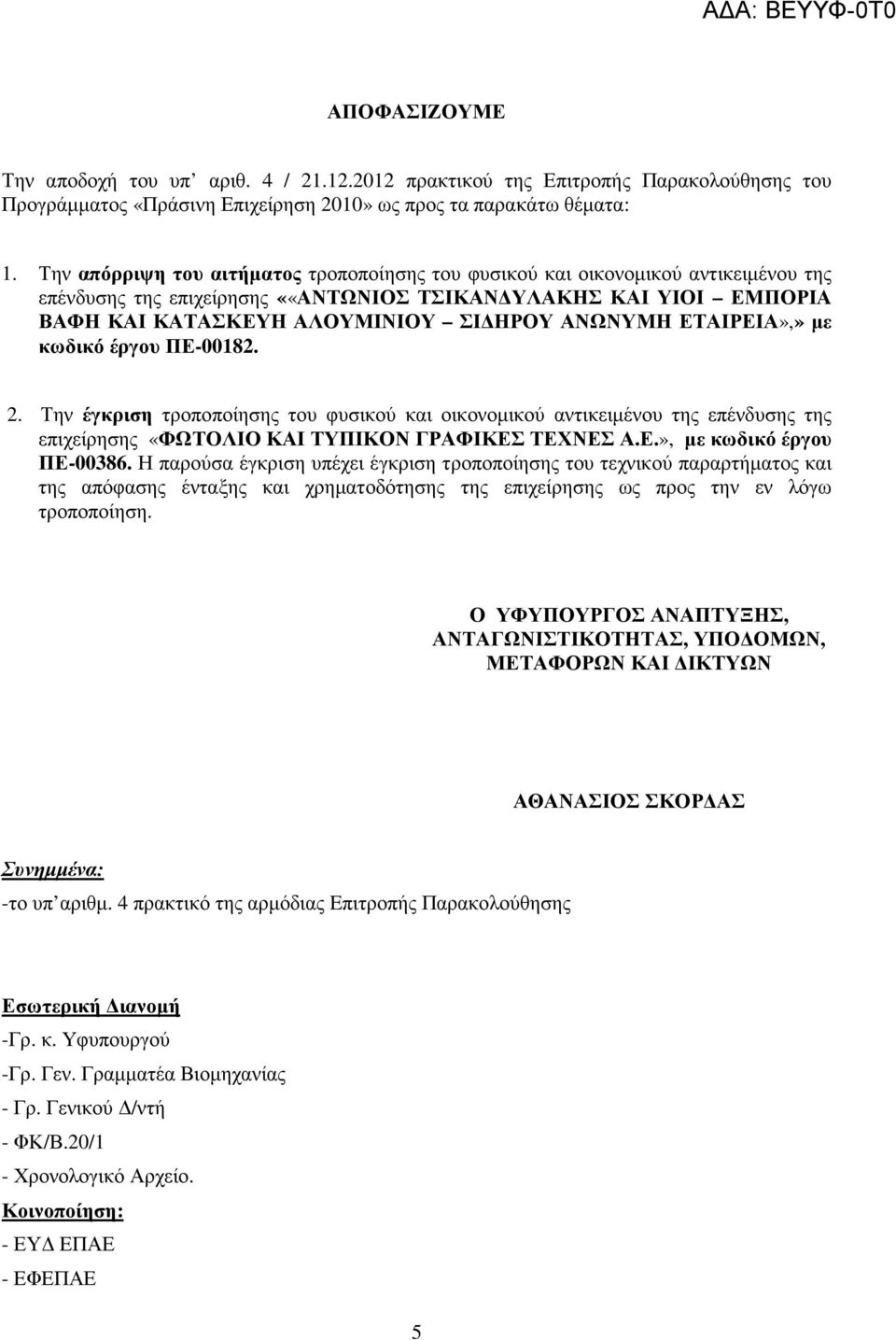 ΕΤΑΙΡΕΙΑ»,» µε κωδικό έργου ΠΕ-00182. 2. Την έγκριση τροποποίησης του φυσικού και οικονοµικού αντικειµένου της επένδυσης της επιχείρησης «ΦΩΤΟΛΙΟ ΚΑΙ ΤΥΠΙΚΟΝ ΓΡΑΦΙΚΕΣ ΤΕΧΝΕΣ Α.Ε.», µε κωδικό έργου ΠΕ-00386.