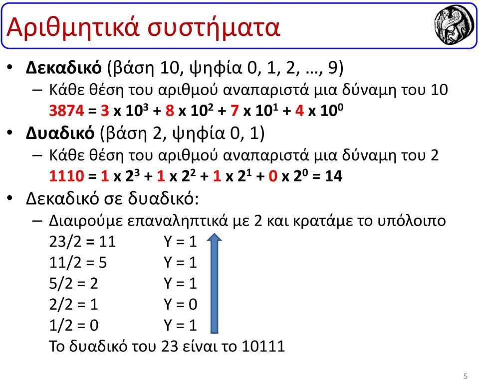 δύναμη του 2 1110= 1x 2 3 + 1x 2 2 + 1x 2 1 + 0x 2 0 = 14 Δεκαδικό σε δυαδικό: Διαιρούμε επαναληπτικά με 2 και