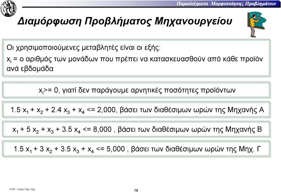 ποσότητες προϊόντων 1.5 x 1 + x 2 + 2.4 x 3 + x 4 <= 2,000, βάσει των διαθέσιµων ωρών της Μηχανής Α x 1 + 5 x 2 + x 3 + 3.