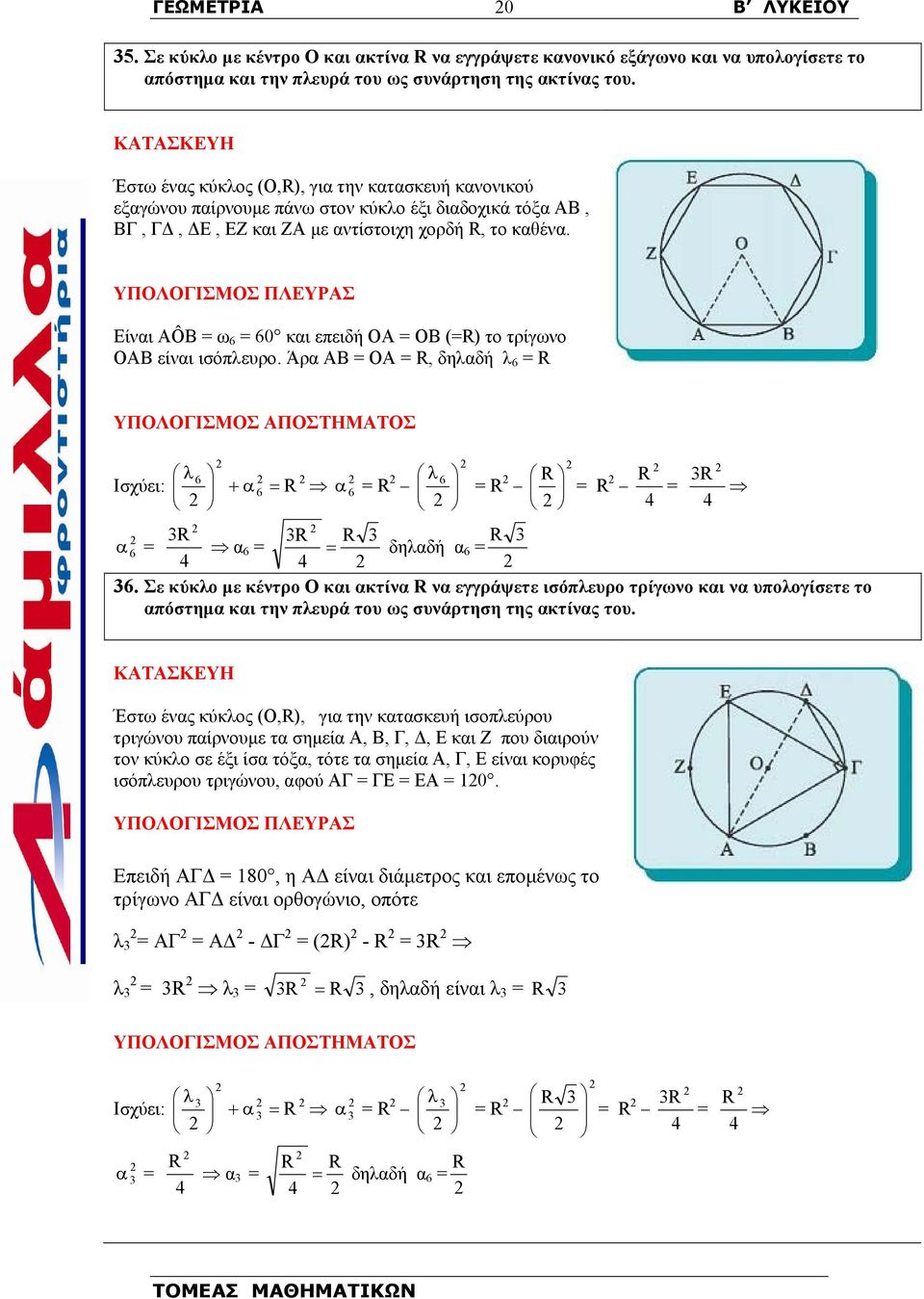 ΥΠΟΛΟΓΙΣΜΟΣ ΠΛΕΥΡΑΣ Είναι ΑÔΒ = ω 6 = 60 και επειδή OA = OB (=R) το τρίγωνο ΟΑΒ είναι ισόπλευρο.