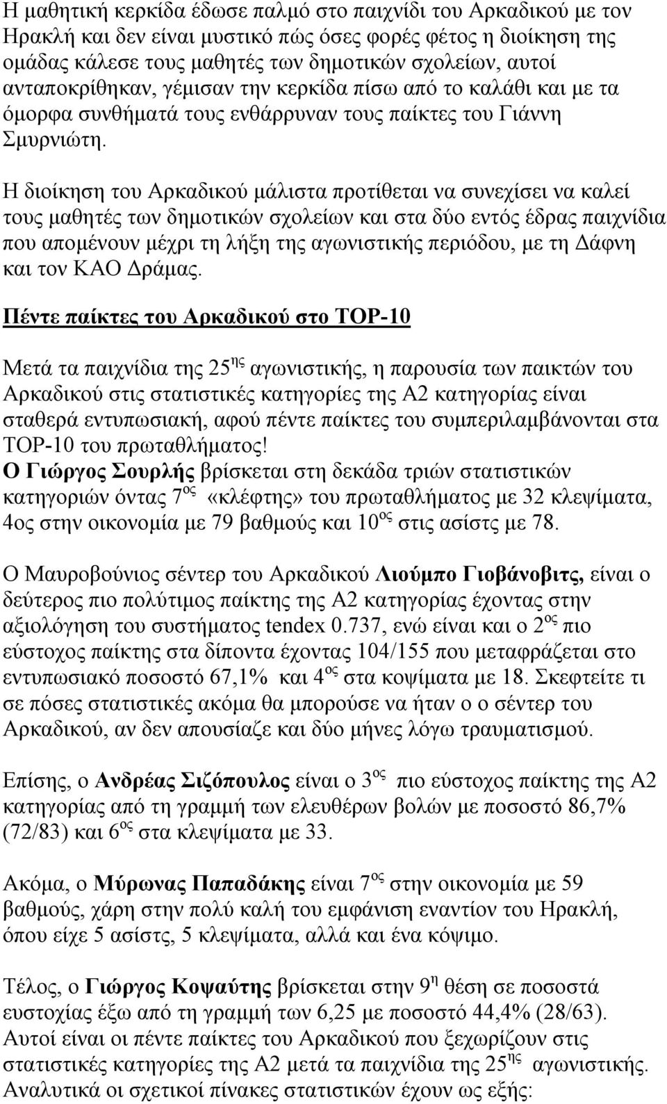 Η διοίκηση του Αρκαδικού μάλιστα προτίθεται να συνεχίσει να καλεί τους μαθητές των δημοτικών σχολείων και στα δύο εντός έδρας παιχνίδια που απομένουν μέχρι τη λήξη της αγωνιστικής περιόδου, με τη