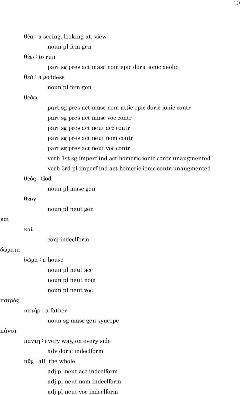 ionic contr unaugmented verb 3rd pl imperf ind act homeric ionic contr unaugmented θεός : God noun pl masc gen θεον noun pl neut gen καί conj indeclform δῶμα : a house noun pl neut acc noun pl neut