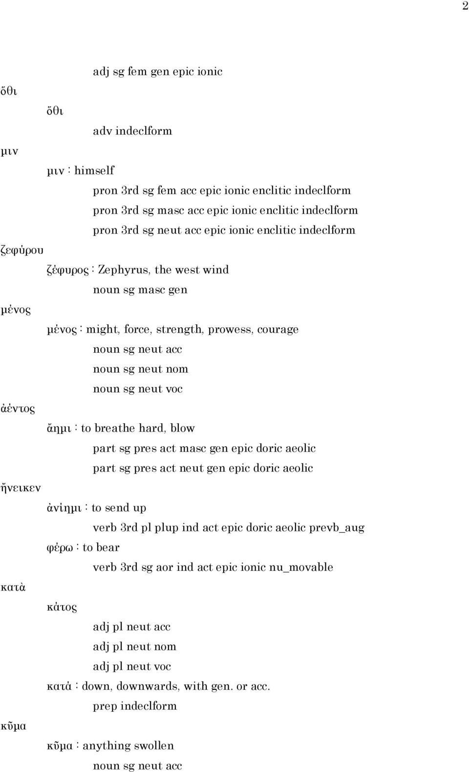 ἄημι : to breathe hard, blow part sg pres act masc gen epic doric aeolic part sg pres act neut gen epic doric aeolic ἤνεικεν ἀνίημι : to send up verb 3rd pl plup ind act epic doric aeolic prevb_aug