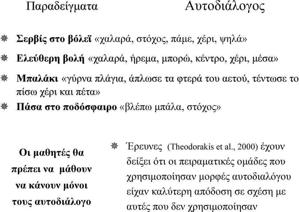 μπάλα, στόχος» Οι μαθητές θα πρέπει να μάθουν να κάνουν μόνοι τους αυτοδιάλογο Έρευνες (Theodorakis et al.