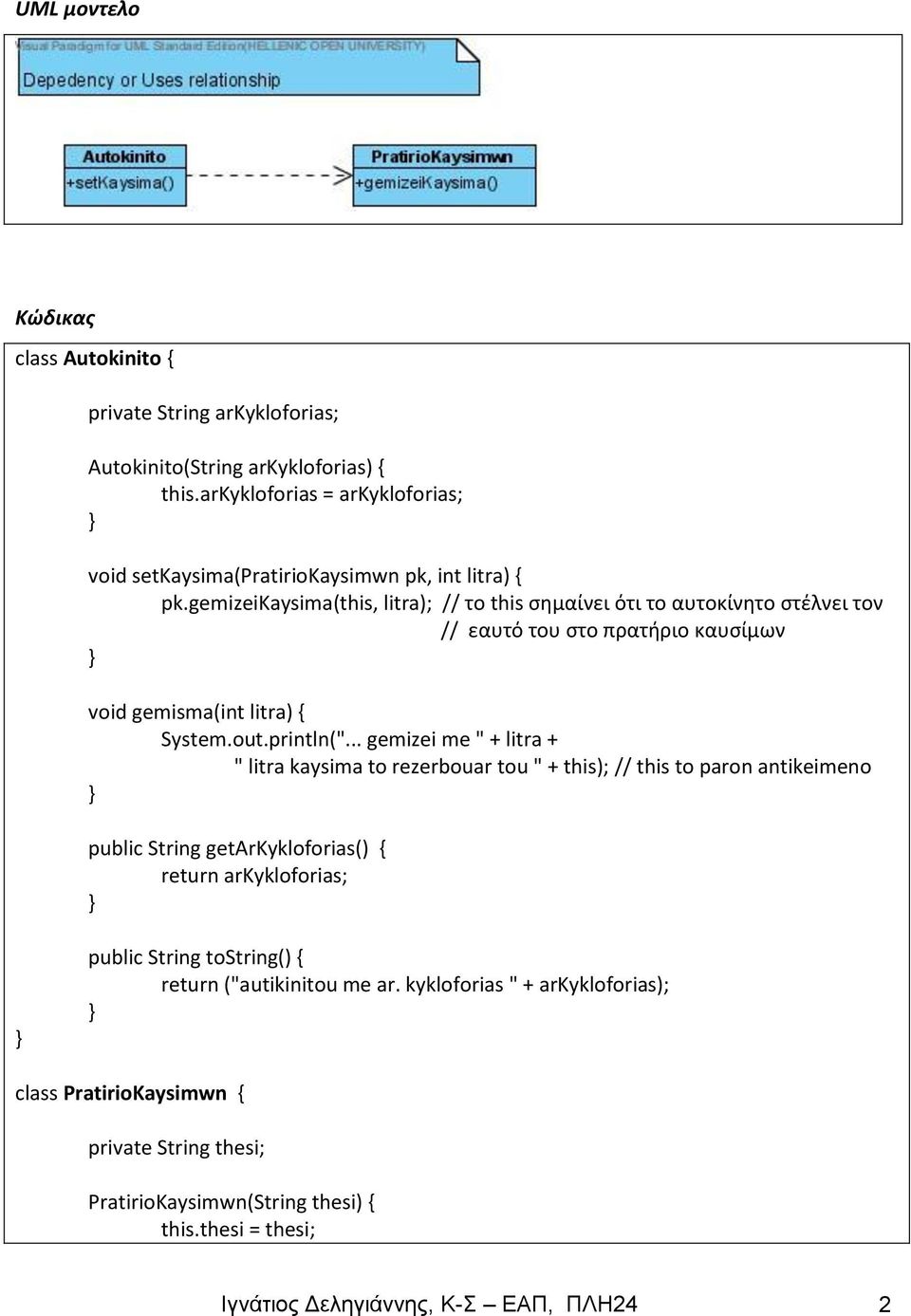 gemizeikaysima(this, litra); // το this σημαίνει ότι το αυτοκίνητο στέλνει τον // εαυτό του στο πρατήριο καυσίμων void gemisma(int litra) { System.out.println(".