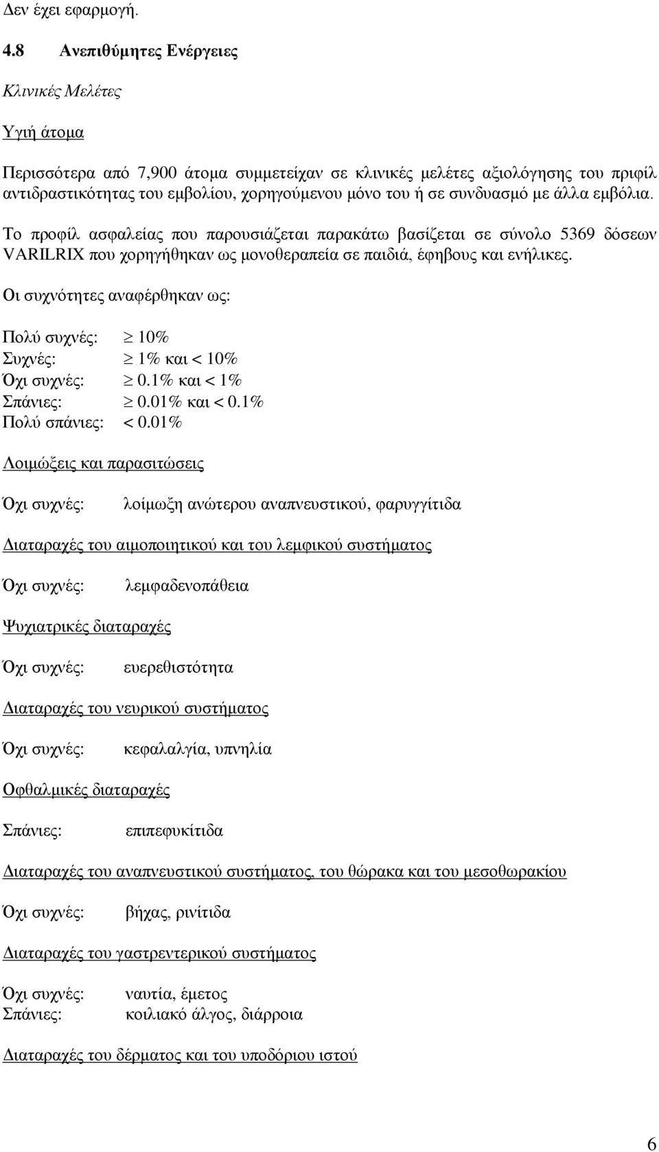 συνδυασμό με άλλα εμβόλια. Το προφίλ ασφαλείας που παρουσιάζεται παρακάτω βασίζεται σε σύνολο 5369 δόσεων VARILRIX που χορηγήθηκαν ως μονοθεραπεία σε παιδιά, έφηβους και ενήλικες.