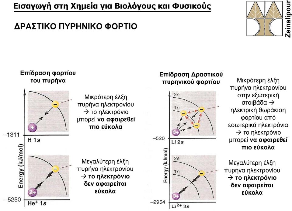 πυρηνικού φορτίου Μικρότερη έλξη πυρήνα ηλεκτρονίου στην εξωτερική στοιβάδα ηλεκτρική θωράκιση φορτίου από εσωτερικά