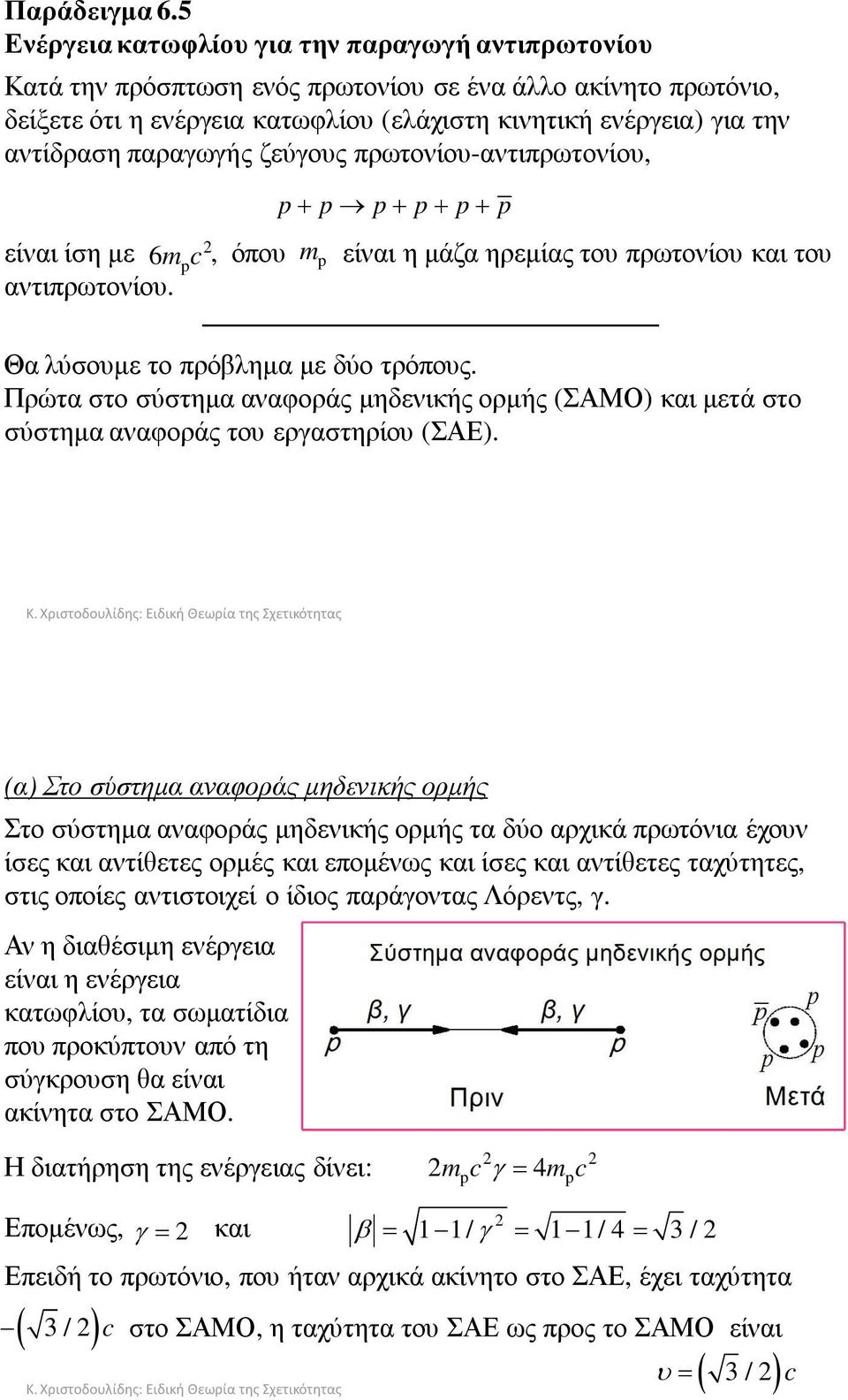 παραγωγής ζεύγους πρωτονίου-αντιπρωτονίου, + + + + είναι ίση µε 6m, όπου είναι η µάζα ηρεµίας του πρωτονίου και του c m αντιπρωτονίου. Θα λύσουµε το πρόβληµα µε δύο τρόπους.