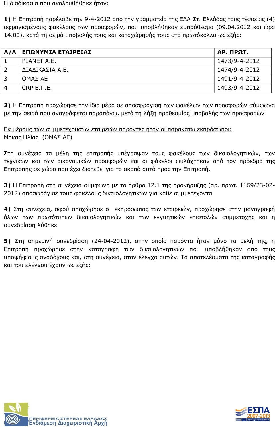 Π.Ε. 1493/9-4-2012 2) Η Επιτροπή προχώρησε την ίδια μέρα σε αποσφράγιση των φακέλων των προσφορών σύμφωνα με την σειρά που αναγράφεται παραπάνω, μετά τη λήξη προθεσμίας υποβολής των προσφορών Εκ