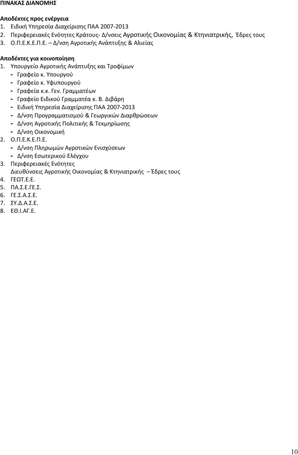 Διβάρη - Ειδική Υπηρεσία Διαχείρισης ΠΑΑ 2007 2013 - Δ/νση Προγραμματισμού & Γεωργικών Διαρθρώσεων - Δ/νση Αγροτικής Πολιτικής & Τεκμηρίωσης - Δ/νση Οικονομική 2. Ο.Π.Ε.Κ.Ε.Π.Ε. - Δ/νση Πληρωμών Αγροτικών Ενισχύσεων - Δ/νση Εσωτερικού Ελέγχου 3.