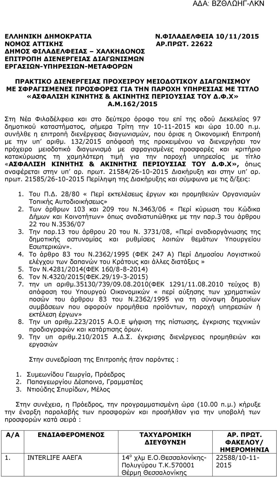 ΥΠΗΡΕΣΙΑΣ ΜΕ ΤΙΤΛΟ «ΑΣΦΑΛΙΣΗ ΚΙΝΗΤΗΣ & ΑΚΙΝΗΤΗΣ ΠΕΡΙΟΥΣΙΑΣ ΤΟΥ Δ.Φ.Χ» Α.Μ.162/2015 Στη Νέα Φιλαδέλφεια και στο δεύτερο όροφο του επί της οδού Δεκελείας 97 δημοτικού καταστήματος, σήμερα Τρίτη την 10-11-2015 και ώρα 10.