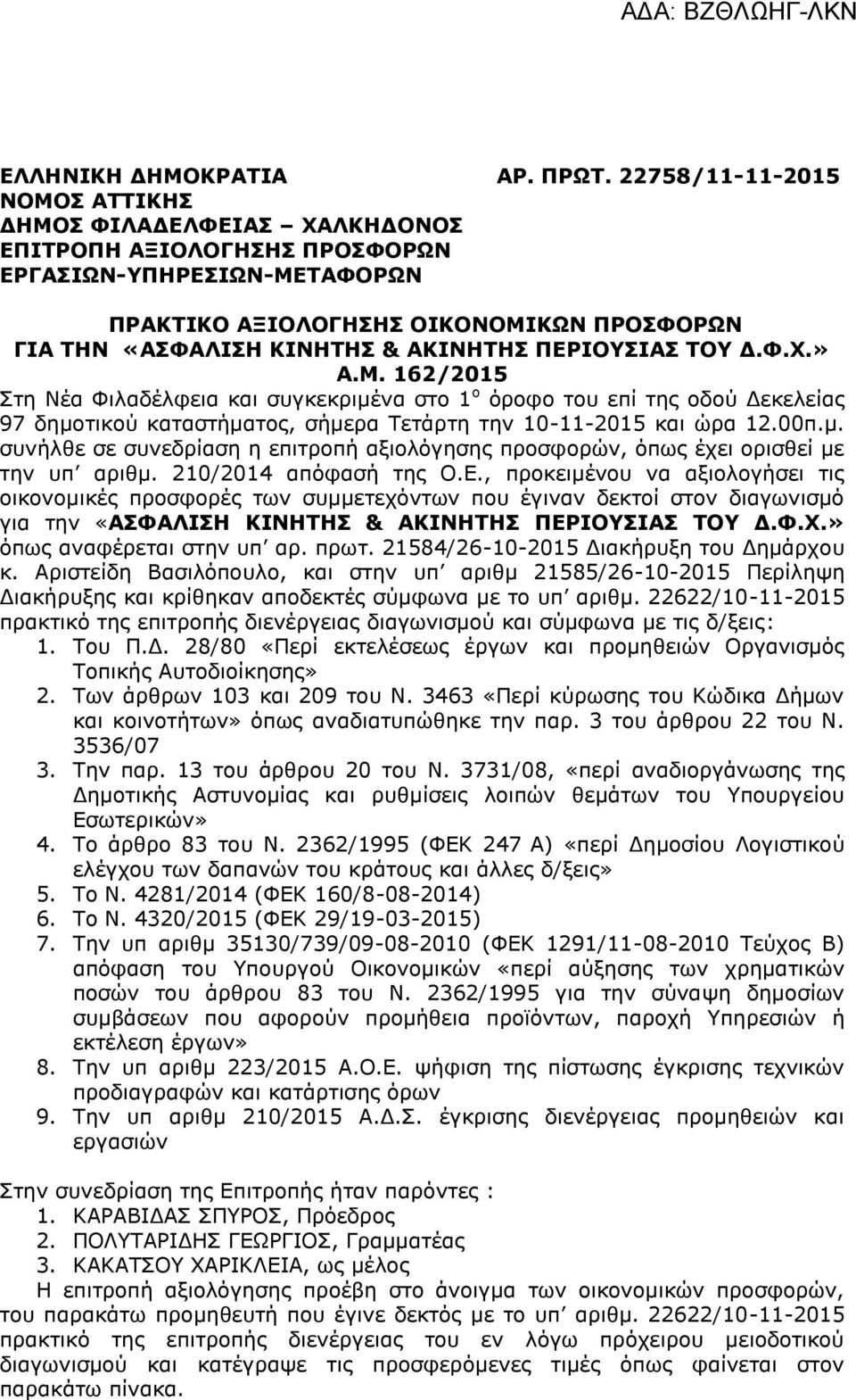 ΑΚΙΝΗΤΗΣ ΠΕΡΙΟΥΣΙΑΣ ΤΟΥ Δ.Φ.Χ.» Α.Μ. 162/2015 Στη Νέα Φιλαδέλφεια και συγκεκριμένα στο 1 ο όροφο του επί της οδού Δεκελείας 97 δημοτικού καταστήματος, σήμερα Τετάρτη την 10-11-2015 και ώρα 12.00π.μ. συνήλθε σε συνεδρίαση η επιτροπή αξιολόγησης προσφορών, όπως έχει ορισθεί με την υπ αριθμ.
