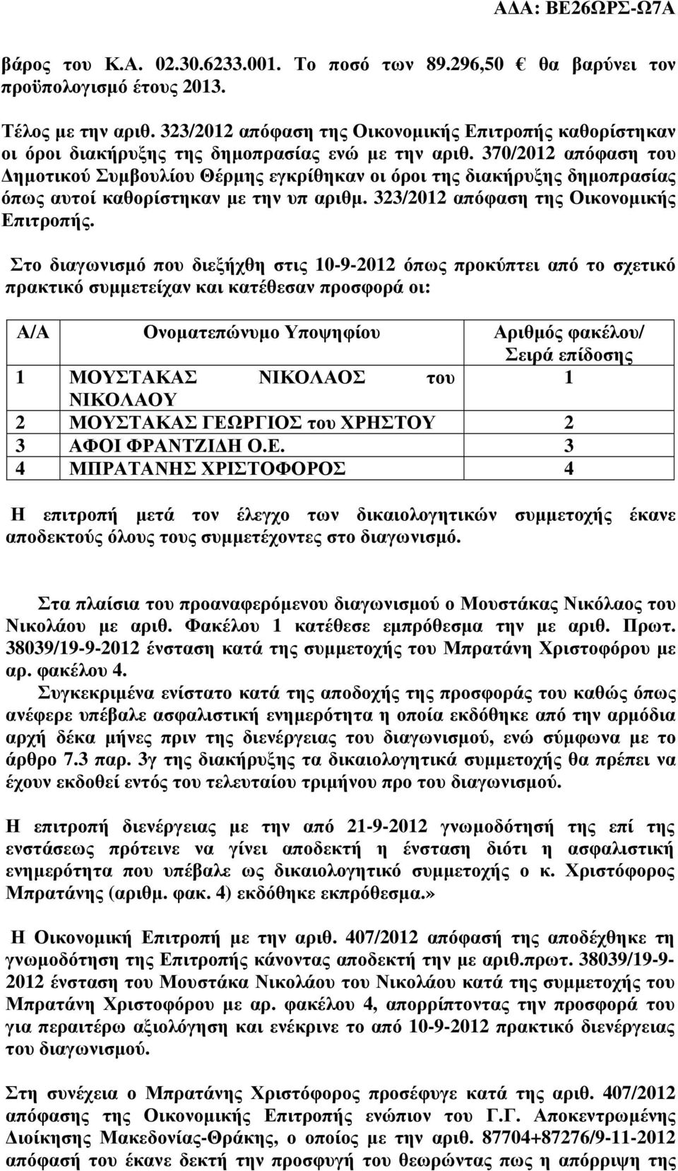 370/2012 απόφαση του ηµοτικού Συµβουλίου Θέρµης εγκρίθηκαν οι όροι της διακήρυξης δηµοπρασίας όπως αυτοί καθορίστηκαν µε την υπ αριθµ. 323/2012 απόφαση της Οικονοµικής Επιτροπής.