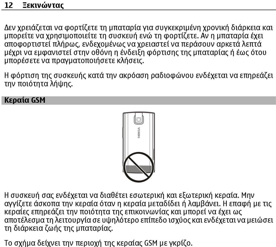 κλήσεις. Η φόρτιση της συσκευής κατά την ακρόαση ραδιοφώνου ενδέχεται να επηρεάζει την ποιότητα λήψης. Κεραία GSM Η συσκευή σας ενδέχεται να διαθέτει εσωτερική και εξωτερική κεραία.