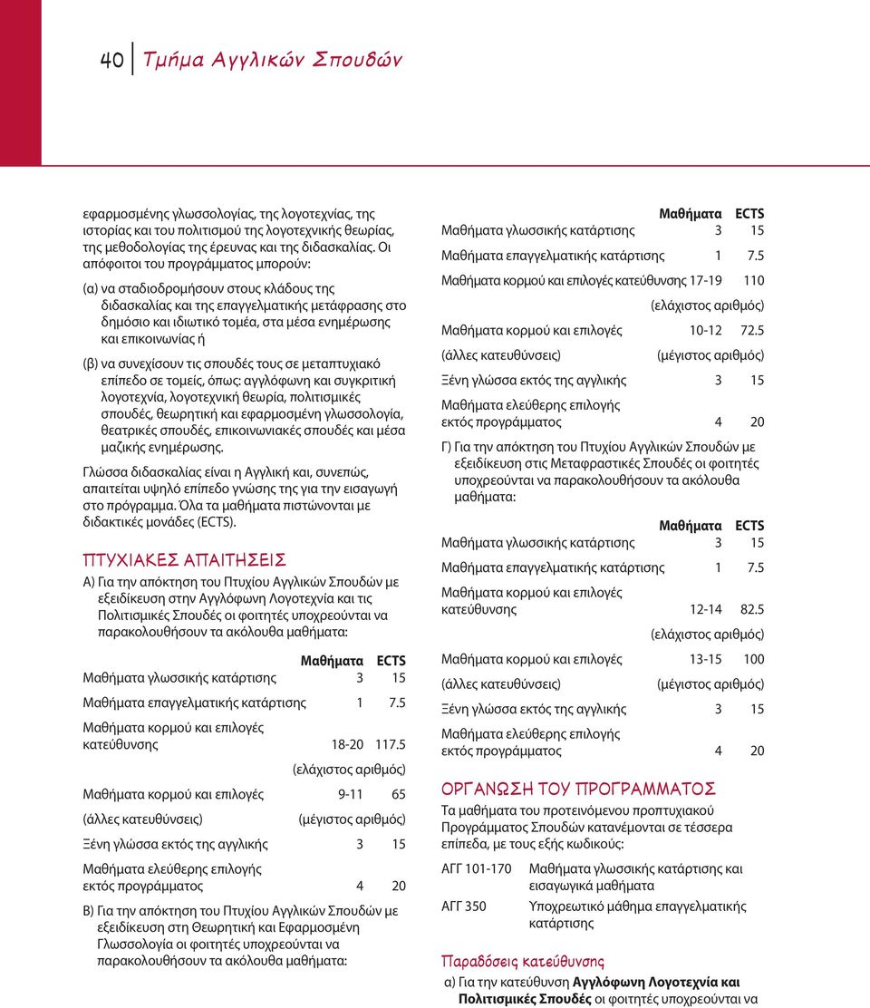 (β) να συνεχίσουν τις σπουδές τους σε μεταπτυχιακό επίπεδο σε τομείς, όπως: αγγλόφωνη και συγκριτική λογοτεχνία, λογοτεχνική θεωρία, πολιτισμικές σπουδές, θεωρητική και εφαρμοσμένη γλωσσολογία,