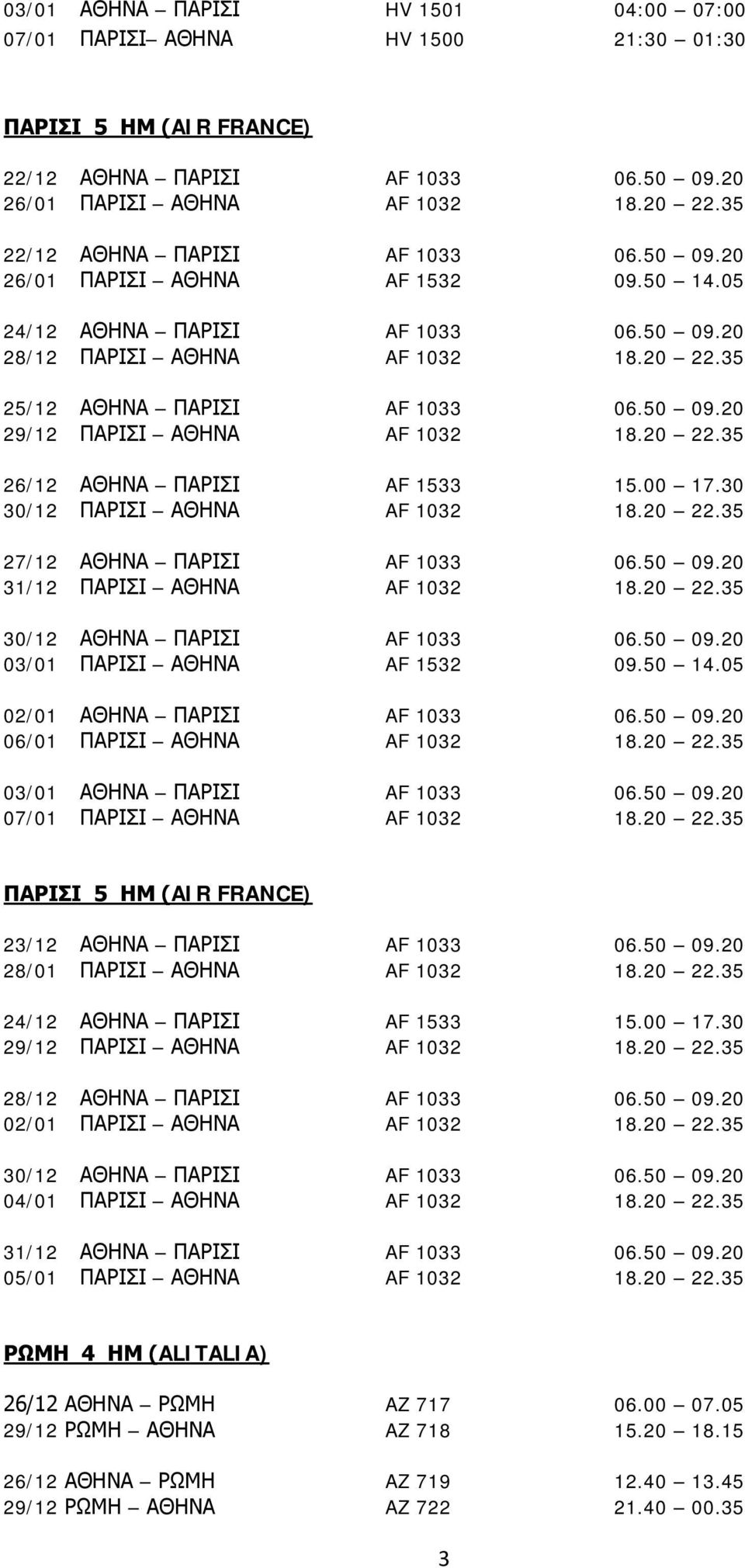 20 22.35 26/12 ΑΘΗΝΑ ΠΑΡΙΣΙ AF 1533 15.00 17.30 30/12 ΠΑΡΙΣΙ ΑΘΗΝΑ AF 1032 18.20 22.35 27/12 ΑΘΗΝΑ ΠΑΡΙΣΙ AF 1033 06.50 09.20 31/12 ΠΑΡΙΣΙ ΑΘΗΝΑ AF 1032 18.20 22.35 30/12 ΑΘΗΝΑ ΠΑΡΙΣΙ AF 1033 06.