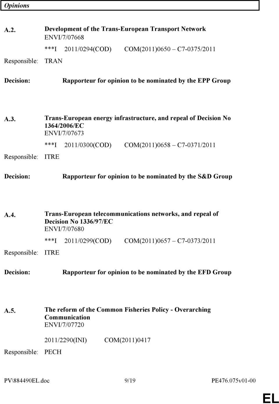 5/2011 TRAN Decision: Rapporteur for opinion to be nominated by the EPP Group A.3.