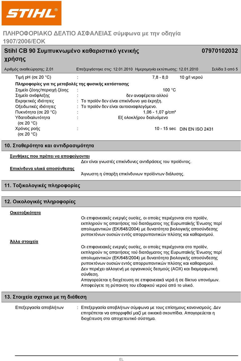 2010 Ημερομηνία εκτύπωσης 12.01.2010 Τιμή ph (σε 20 C) 7,8-8,0 10 g/l νερού Πληροφορίες για τις μεταβολές της φυσικής κατάστασης Σημείο ζέοης/περιοχή ζέοης 100 C Σημείο ανάφλεξης δεν αναφέρεται αλλού