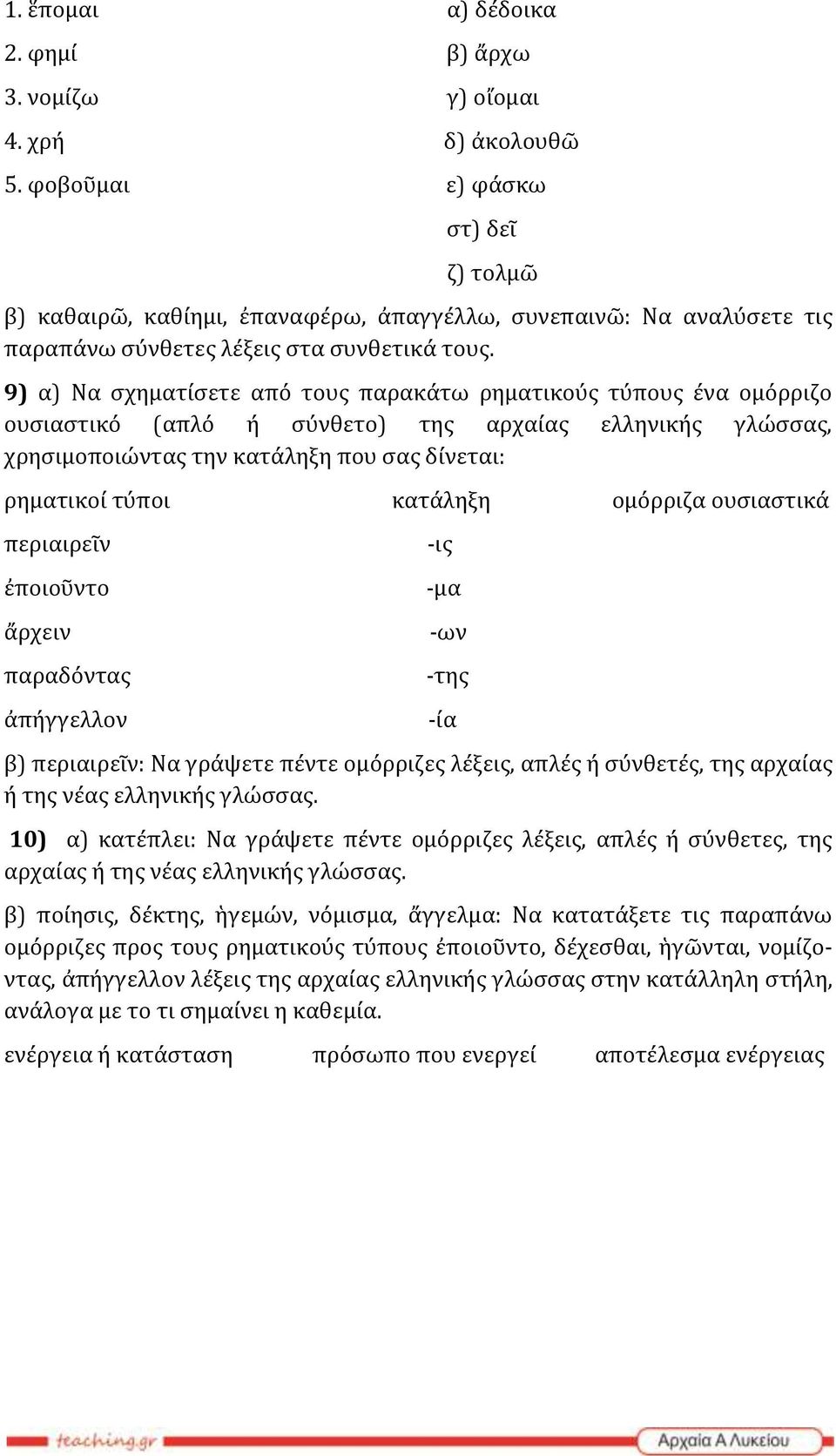 9) α) Να σχηματίσετε από τους παρακάτω ρηματικούς τύπους ένα ομόρριζο ουσιαστικό (απλό ή σύνθετο) της αρχαίας ελληνικής γλώσσας, χρησιμοποιώντας την κατάληξη που σας δίνεται: ρηματικοί τύποι κατάληξη