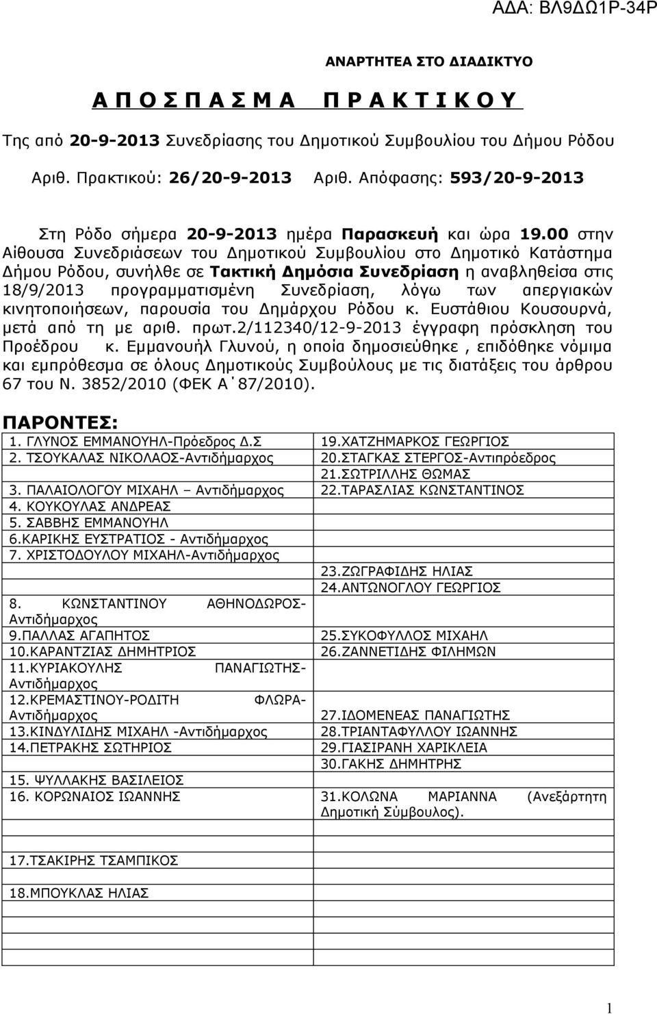 00 στην Αίθουσα Συνεδριάσεων του Δημοτικού Συμβουλίου στο Δημοτικό Κατάστημα Δήμου Ρόδου, συνήλθε σε Τακτική Δημόσια Συνεδρίαση η αναβληθείσα στις 18/9/2013 προγραμματισμένη Συνεδρίαση, λόγω των