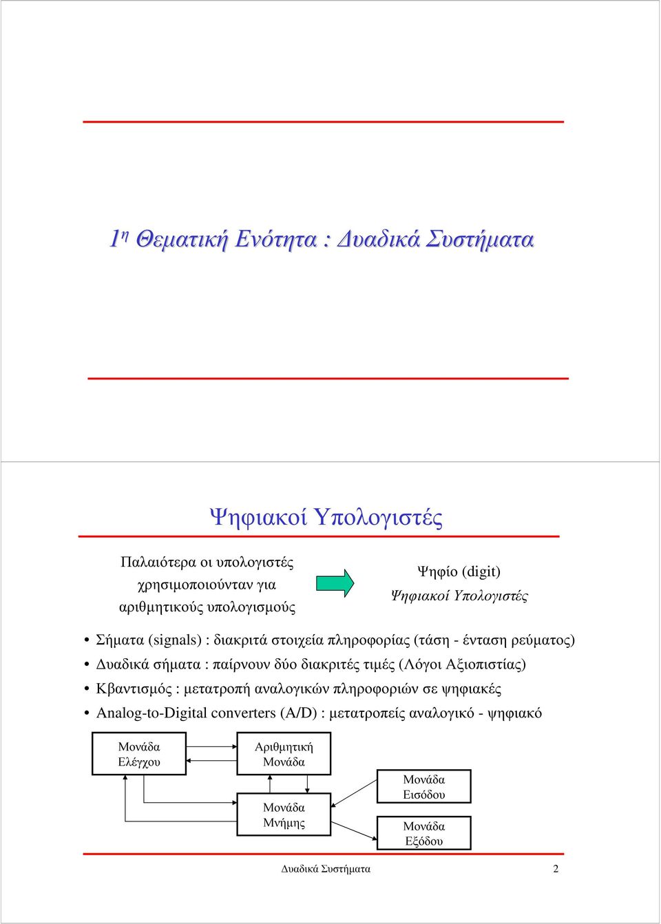 υαδικά σήµατα : παίρνουν δύο διακριτές τιµές (Λόγοι Αξιοπιστίας) Κβαντισµός : µετατροπή αναλογικών πληροφοριών σε ψηφιακές