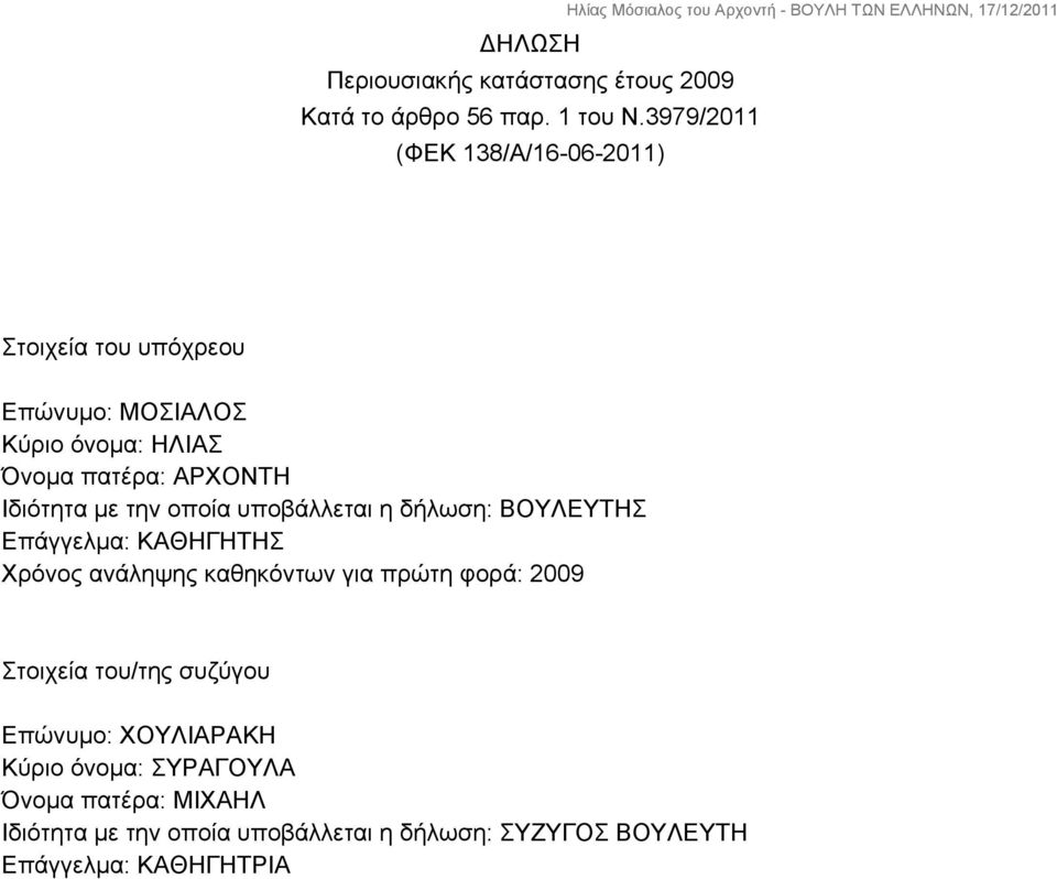 Ιδιότητα με την οποία υποβάλλεται η δήλωση: ΒΟΥΛΕΥΤΗΣ Επάγγελμα: ΚΑΘΗΓΗΤΗΣ Χρόνος ανάληψης καθηκόντων για πρώτη φορά: