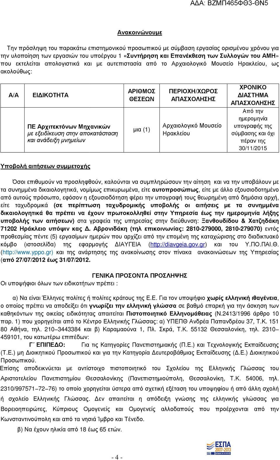 ΑΡΙΘΜΟΣ ΘΕΣΕΩΝ µια (1) ΠΕΡΙΟΧΗ/ΧΩΡΟΣΧΩΡΟΣ ΑΠΑΣΧΟΛΗΣΗΣ Αρχαιολογικό Μουσείο Ηρακλείου ΧΡΟΝΙΚΟ ΙΑΣΤΗΜΑ ΑΠΑΣΧΟΛΗΣΗΣ Από την ηµεροµηνία υπογραφής της σύµβασης και όχι πέραν της 30/11/2015 Υποβολή