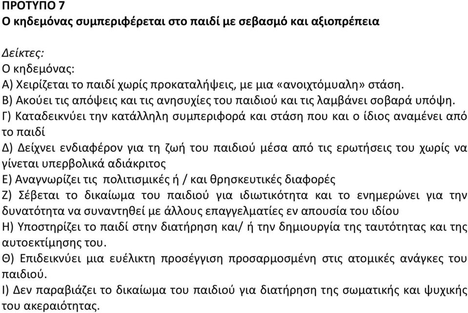 Γ) Καταδεικνύει την κατάλληλη συμπεριφορά και στάση που και ο ίδιος αναμένει από το παιδί Δ) Δείχνει ενδιαφέρον για τη ζωή του παιδιού μέσα από τις ερωτήσεις του χωρίς να γίνεται υπερβολικά