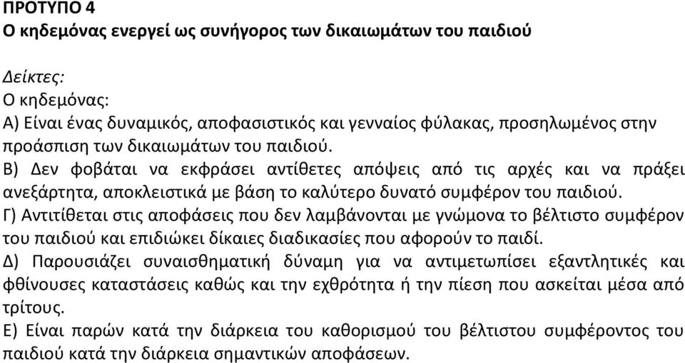 Γ) Αντιτίθεται στις αποφάσεις που δεν λαμβάνονται με γνώμονα το βέλτιστο συμφέρον του παιδιού και επιδιώκει δίκαιες διαδικασίες που αφορούν το παιδί.