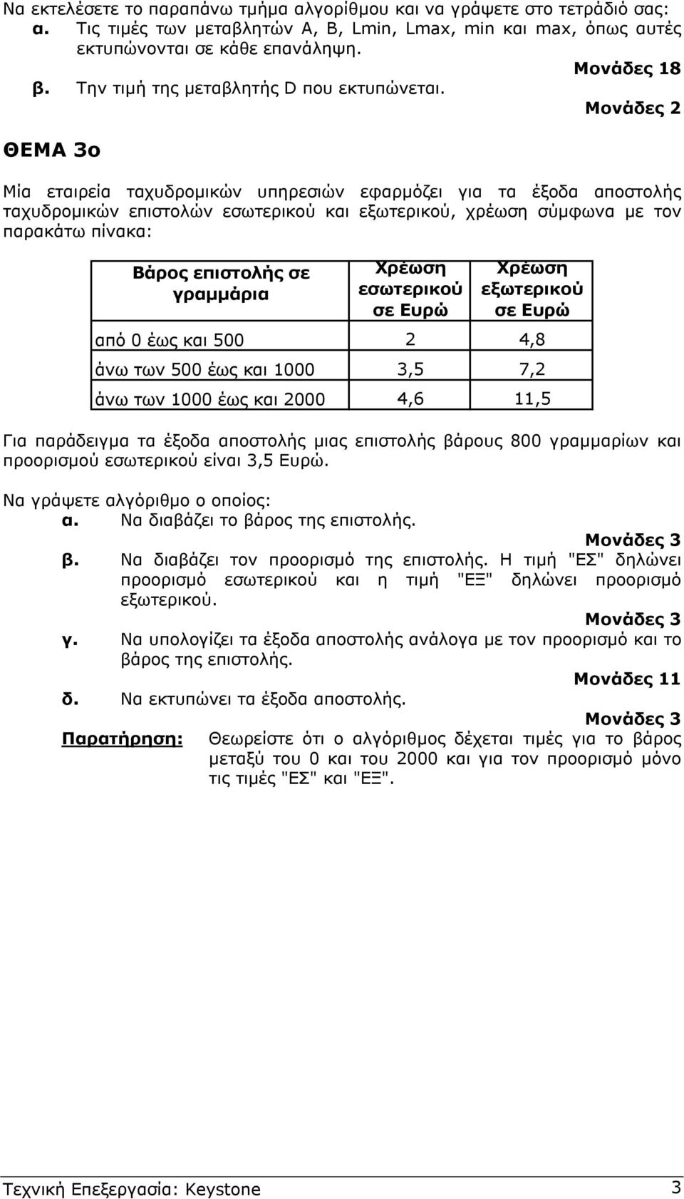 Μονάδες 2 ΘΕΜΑ 3ο Μία εταιρεία ταχυδροµικών υπηρεσιών εφαρµόζει για τα έξοδα αποστολής ταχυδροµικών επιστολών εσωτερικού και εξωτερικού, χρέωση σύµφωνα µε τον παρακάτω πίνακα: Βάρος επιστολής σε