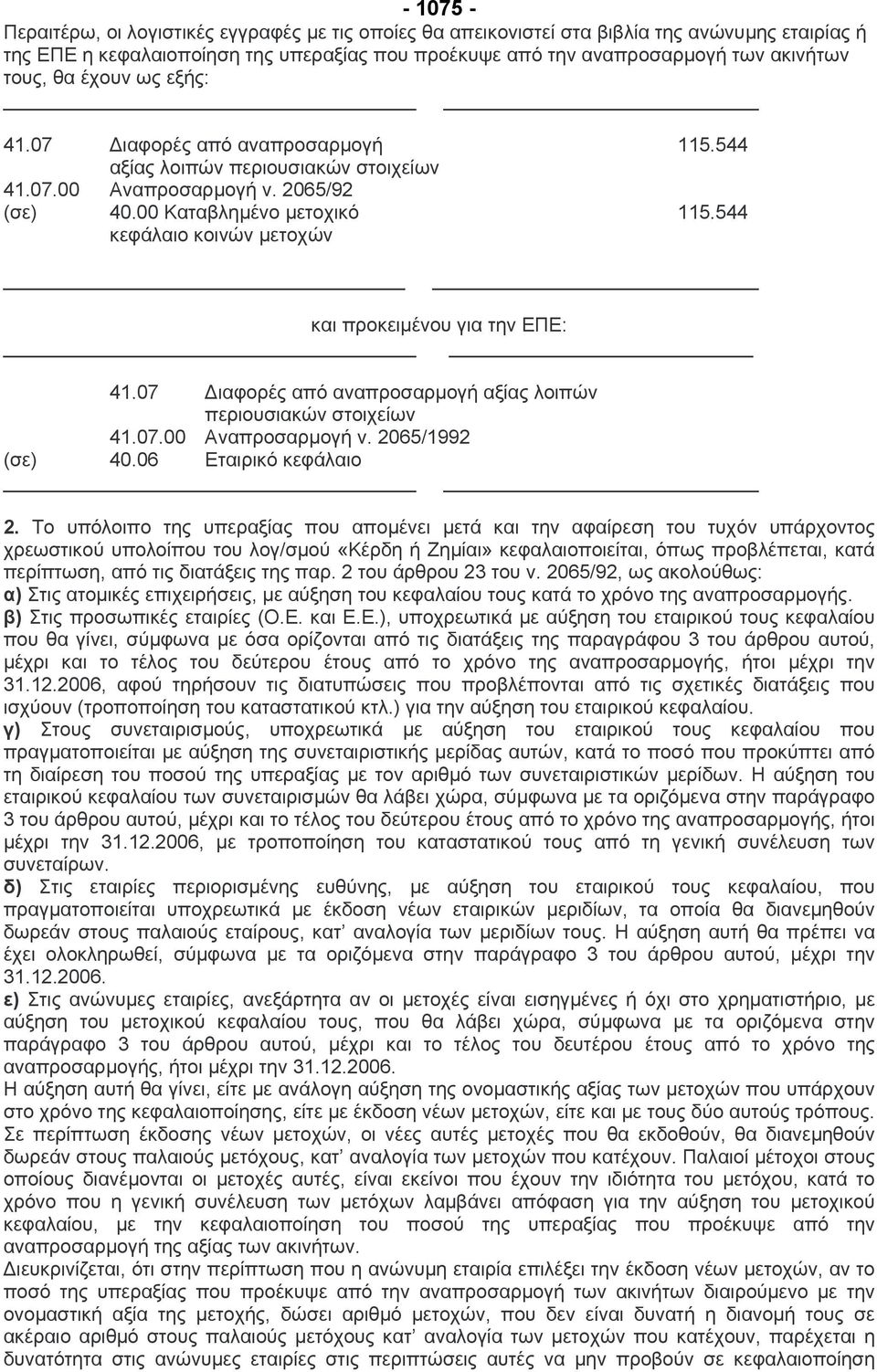544 κεφάλαιο κοινών µετοχών και προκειµένου για την ΕΠΕ: 41.07 ιαφορές από αναπροσαρµογή αξίας λοιπών περιουσιακών στοιχείων 41.07.00 Αναπροσαρµογή ν. 2065/1992 (σε) 40.06 Εταιρικό κεφάλαιο 2.