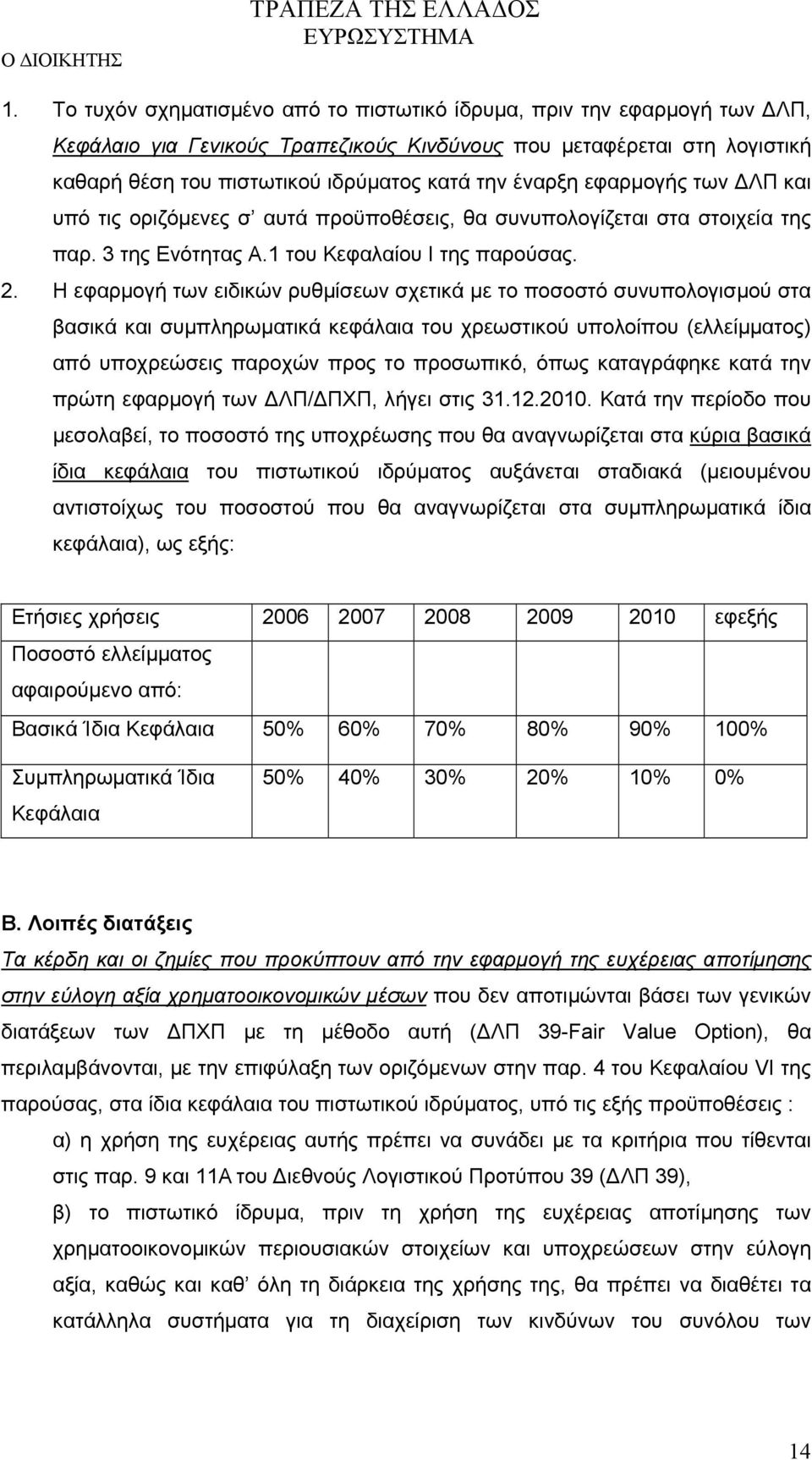 Η εφαρμογή των ειδικών ρυθμίσεων σχετικά με το ποσοστό συνυπολογισμού στα βασικά και συμπληρωματικά κεφάλαια του χρεωστικού υπολοίπου (ελλείμματος) από υποχρεώσεις παροχών προς το προσωπικό, όπως