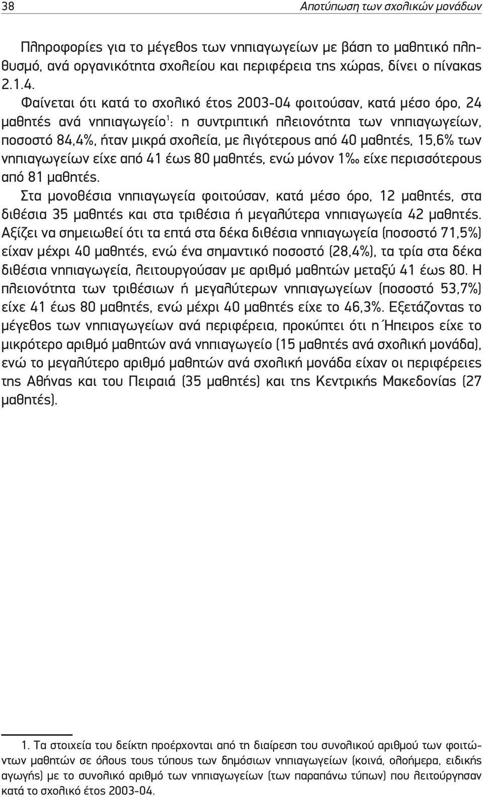 µαθητές, 15,6% των νηπιαγωγείων είχε από 41 έως 80 µαθητές, ενώ µόνον 1 είχε περισσότερους από 81 µαθητές.