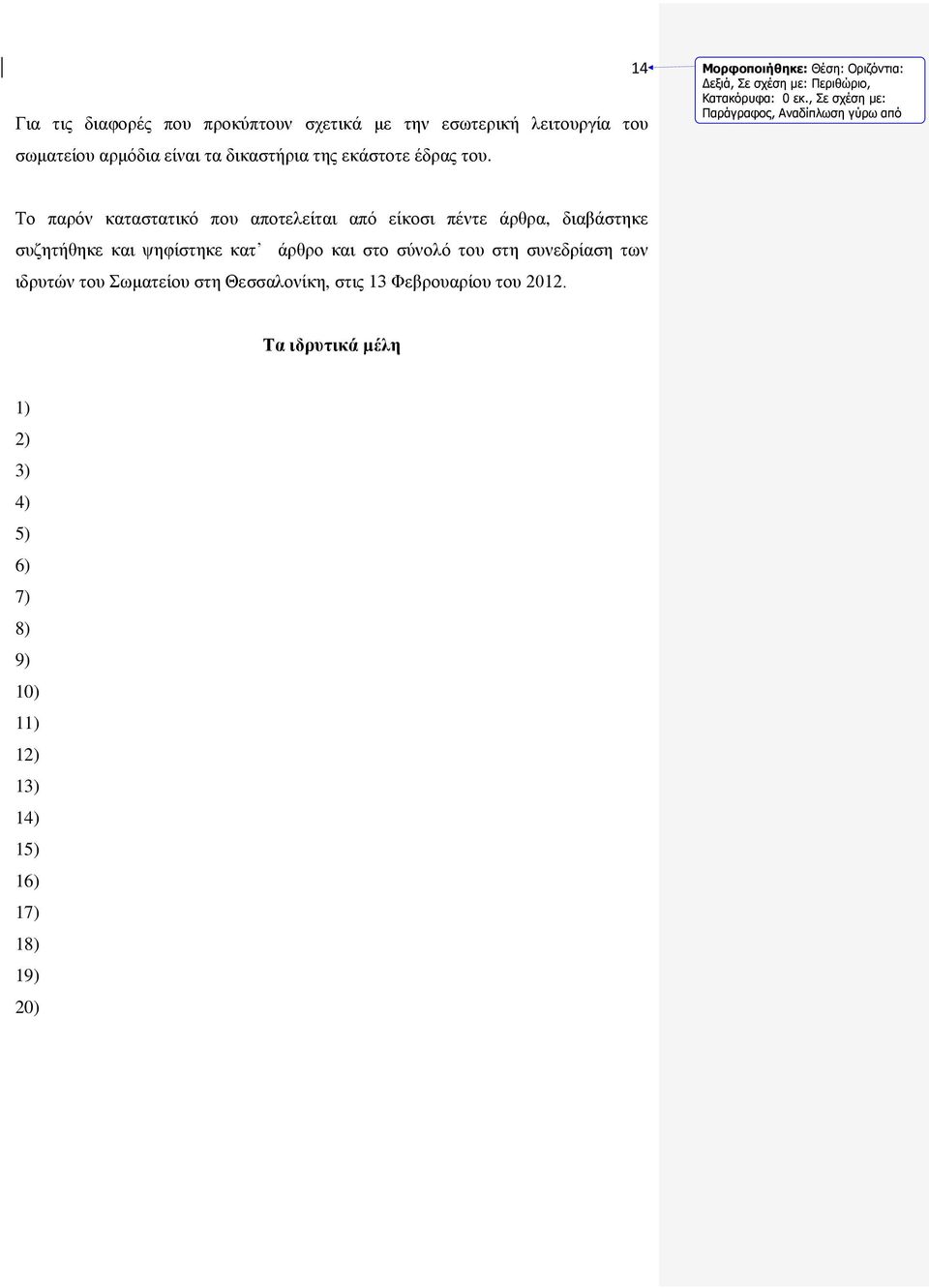 Το παρόν καταστατικό που αποτελείται από είκοσι πέντε άρθρα, διαβάστηκε συζητήθηκε και ψηφίστηκε κατ άρθρο και στο