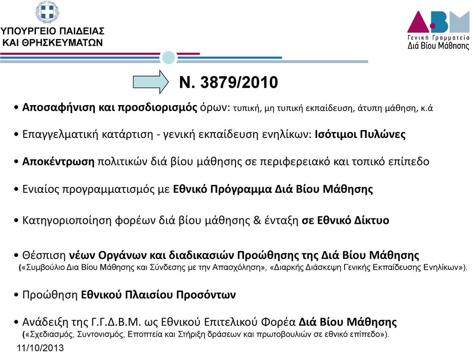 Πρόγραμμα Διά Βίου Μάθησης Κατηγοριοποίηση φορέων διά βίου μάθησης & ένταξη σε Εθνικό Δίκτυο Θέσπιση νέων Οργάνων και διαδικασιών Προώθησης της Διά Βίου Μάθησης («Συμβούλιο ια Βίου