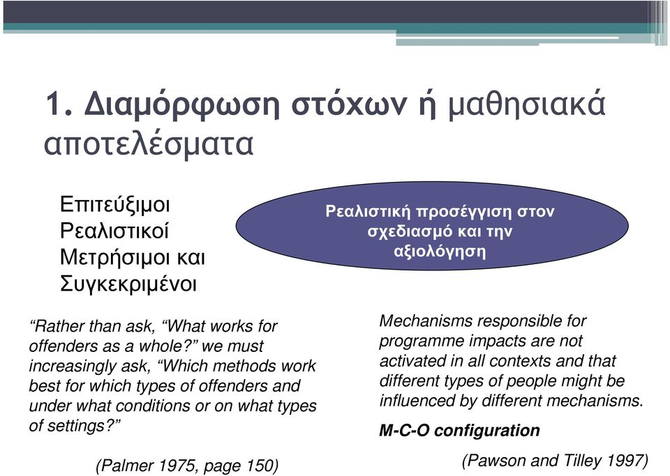 (Palmer 1975, page 150) Ρεαλιστική προσέγγιση στον σχεδιασµό και την αξιολόγηση Μechanisms responsible for programme impacts are not activated