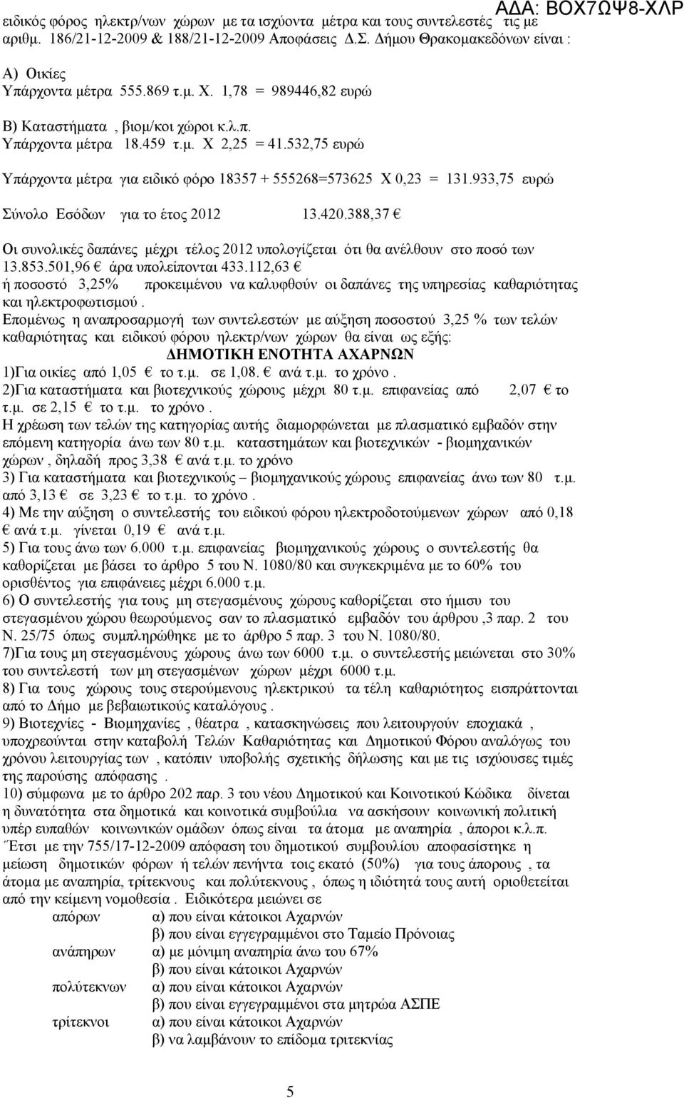 933,75 ευρώ Σύνολο Εσόδων για το έτος 2012 13.420.388,37 Οι συνολικές δαπάνες μέχρι τέλος 2012 υπολογίζεται ότι θα ανέλθουν στο ποσό των 13.853.501,96 άρα υπολείπονται 433.